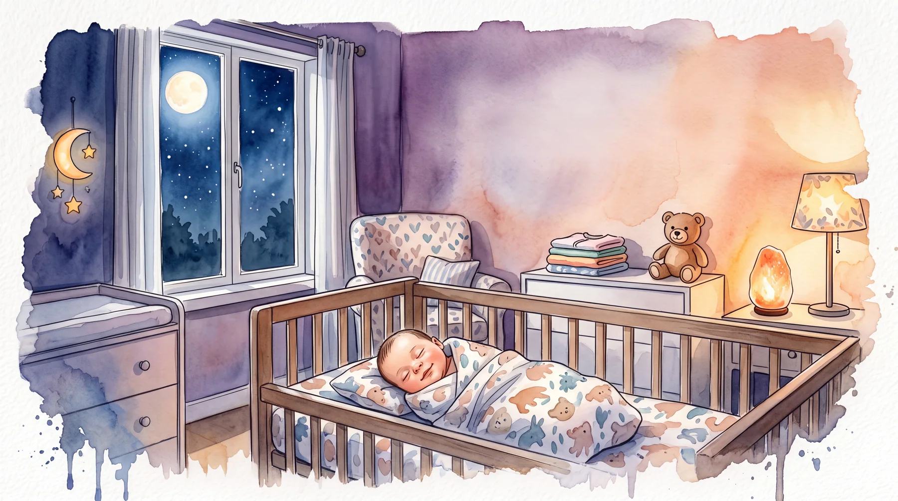 Watercolor of a peaceful newborn sleeping in a moonlit nursery