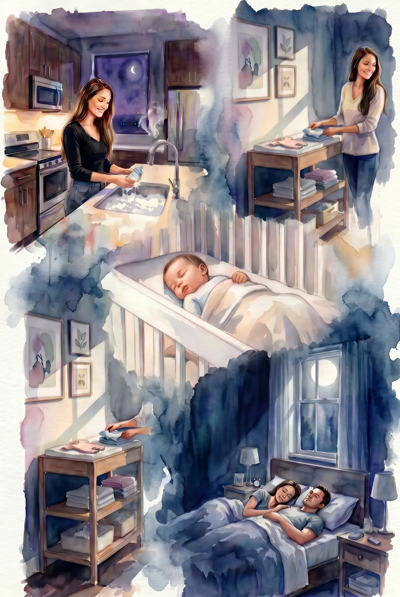 Soft watercolor of a caregiver tenderly holding a newborn