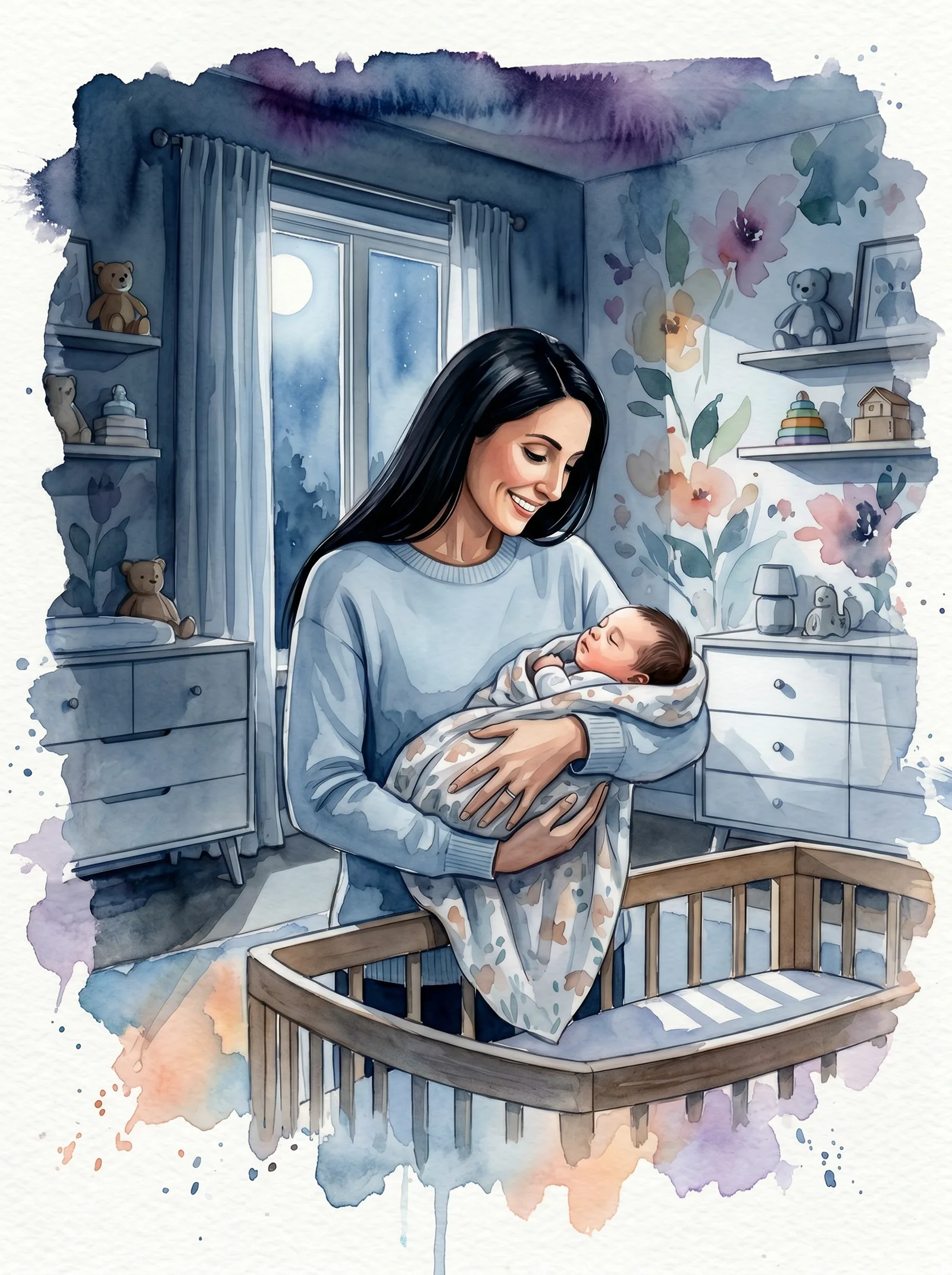 A mother cradling her sleeping, swaddled newborn beside a moonlit nursery window
