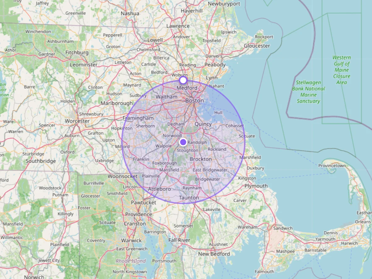 Map showing NiteLite's overnight care service radius of 20 miles around Canton, Massachusetts, covering Boston, Quincy, Milton, Dedham, and Brockton