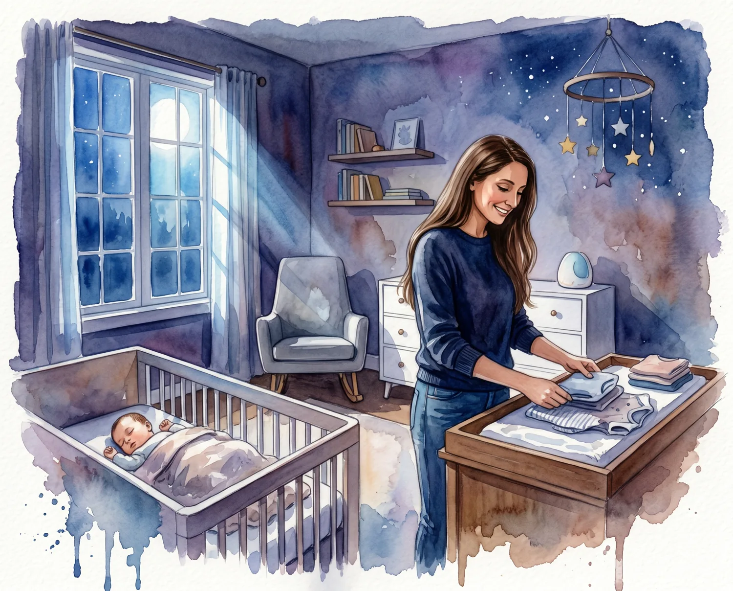 Caregiver sitting quietly and watchfully in a peaceful, moonlit home
