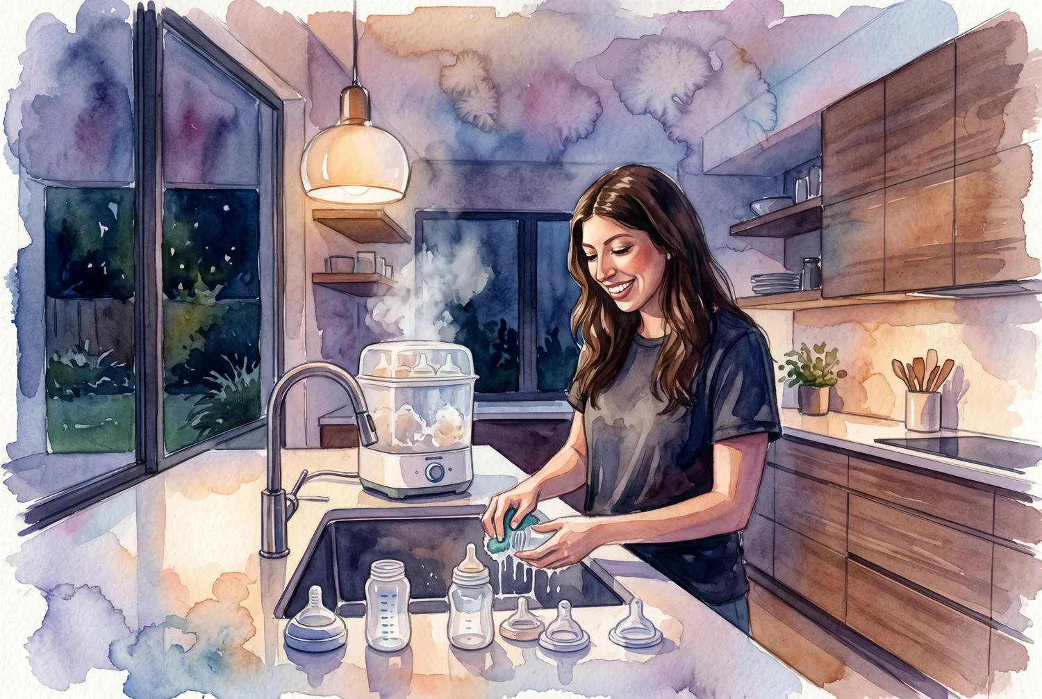 Caregiver washing and sterilizing baby bottles at night in a softly lit kitchen