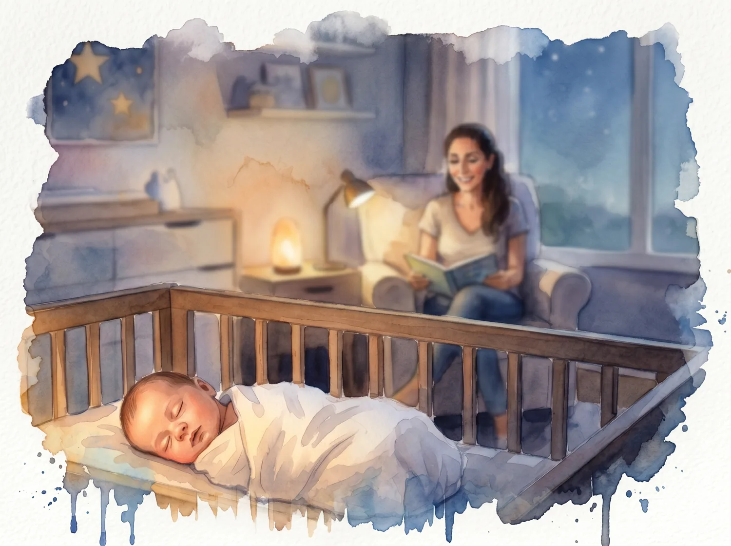 Caregiver gently soothing a newborn in a calm, dimly lit nursery